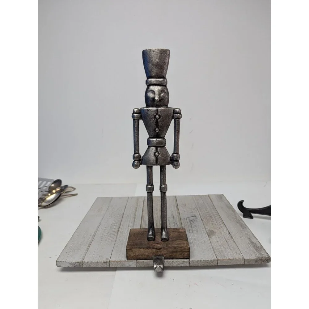 Rustic Metal Christmas Nutcracker Stocking Holder Silver 15" Holiday Farmhouse - Picture 1 of 5